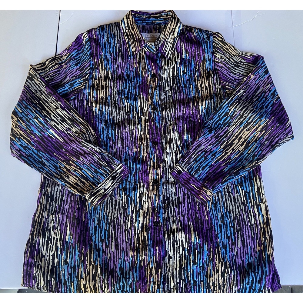 Women's Da-Rue of California Blouse Shoulder Pads Abstract Purple Teal Sz L